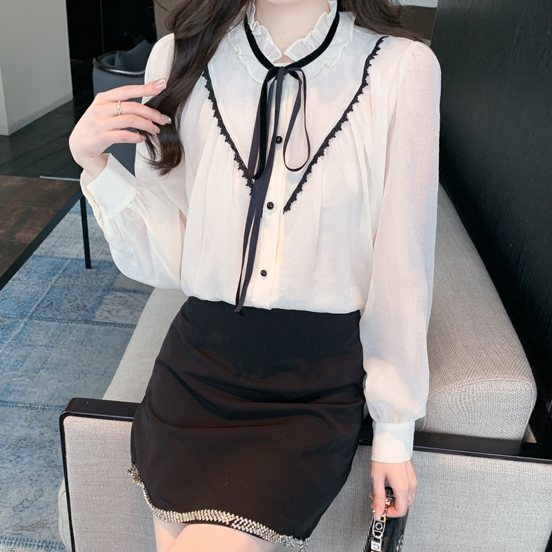 Wood ear France style loose cstand collar shirt for women