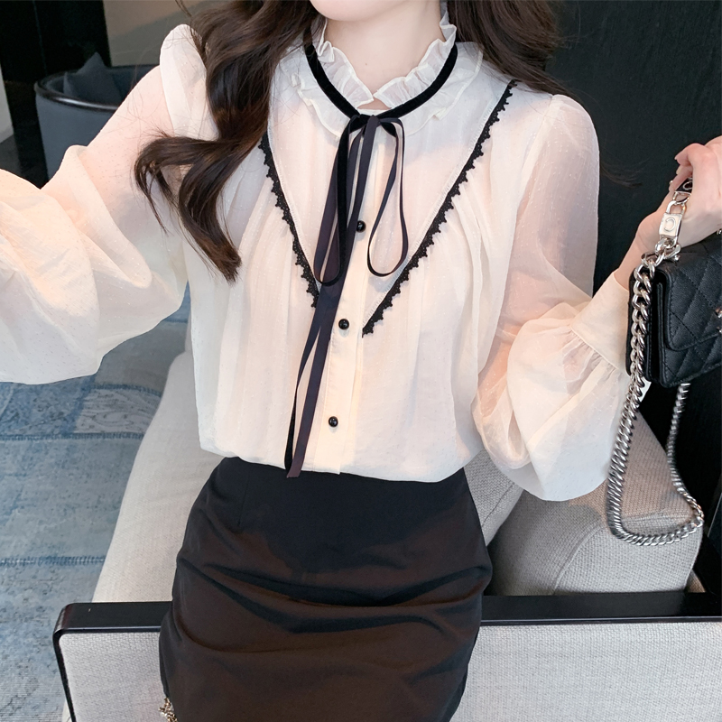 Wood ear France style loose cstand collar shirt for women