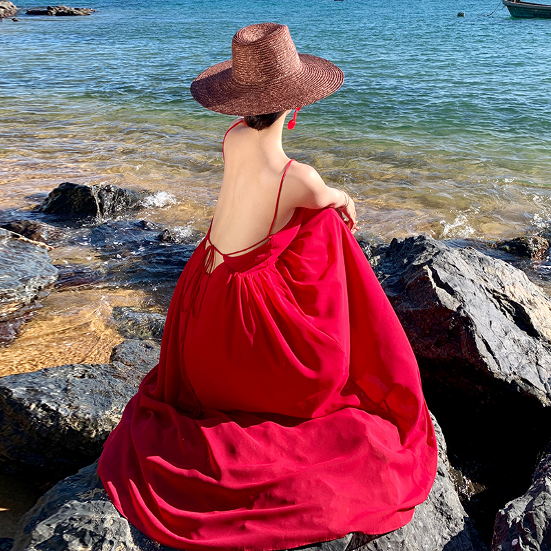 Red sandy beach dress temperament sling long dress