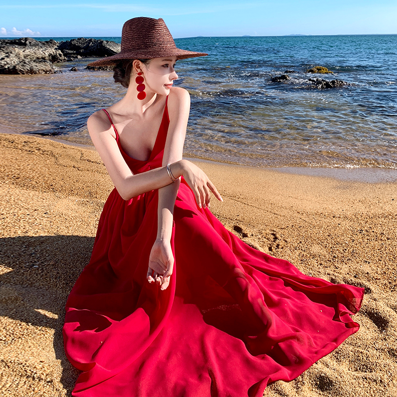 Red sandy beach dress temperament sling long dress
