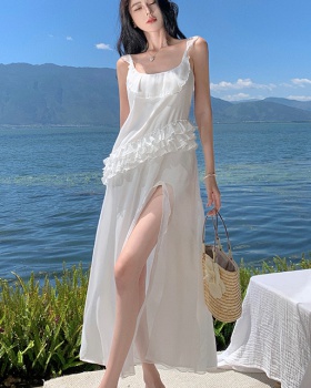 White halter lotus leaf edges enticement long dress