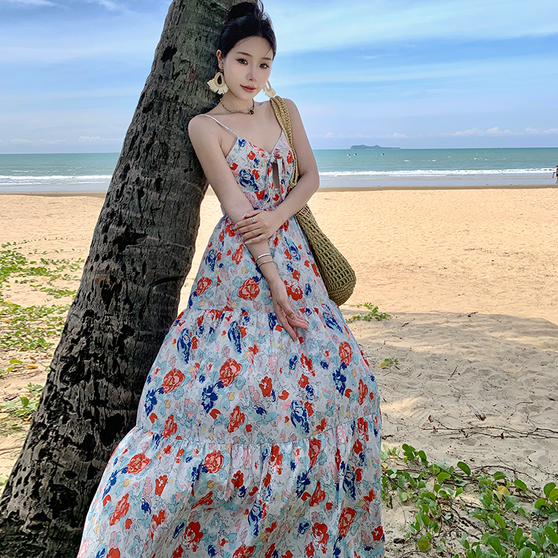 Aesthetic floral long dress vacation France style dress