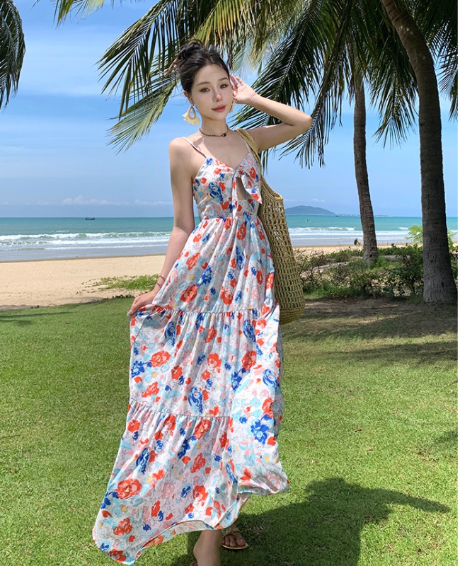 Aesthetic floral long dress vacation France style dress