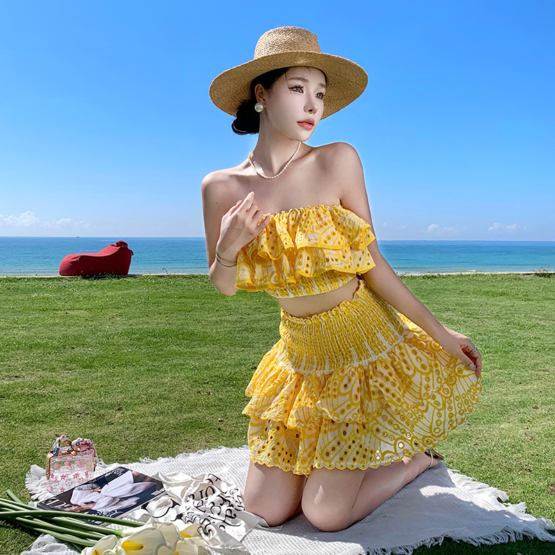 Vacation flat shoulder skirt cake seaside tops 2pcs set