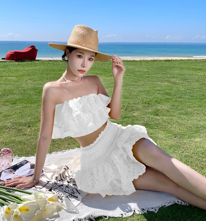 Vacation flat shoulder skirt cake seaside tops 2pcs set