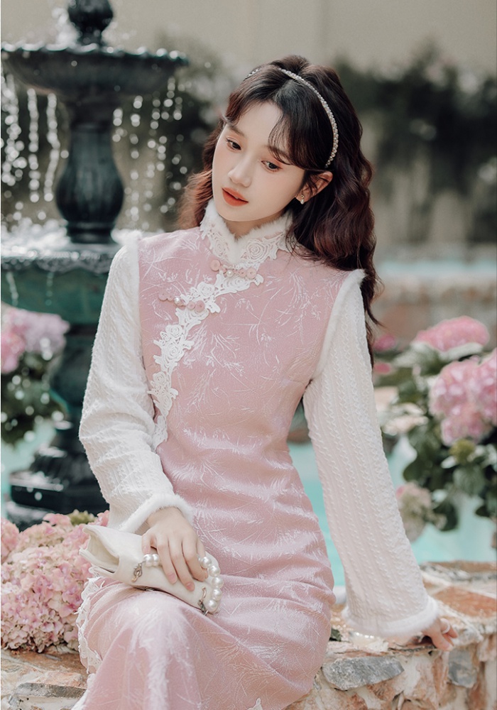 Jacquard Pseudo-two cheongsam retro pink dress for women