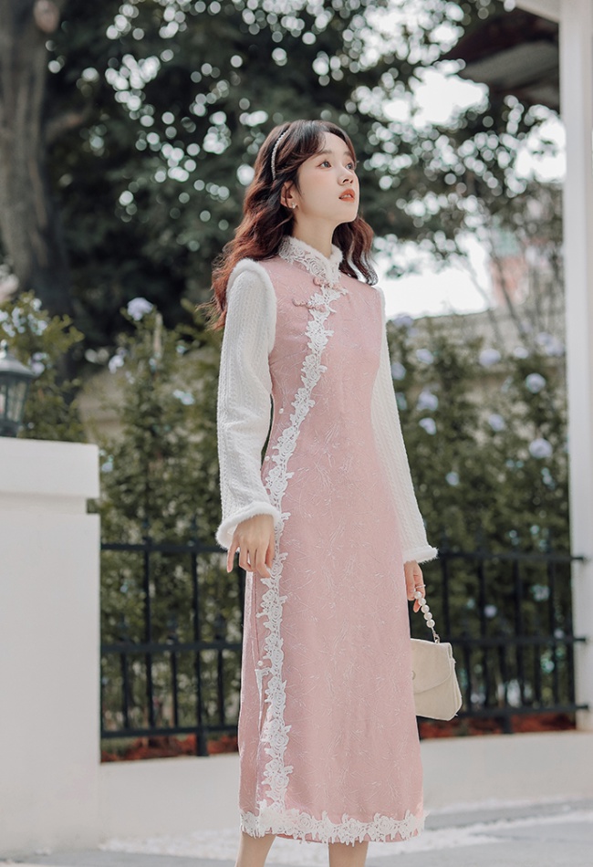 Jacquard Pseudo-two cheongsam retro pink dress for women