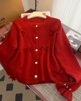 Short red bow sweater thick knitted cardigan for women