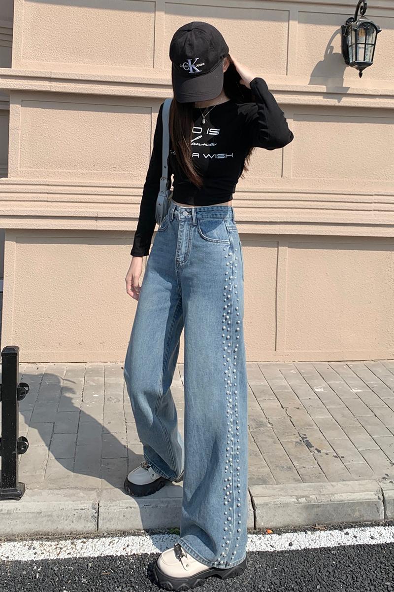 Washed niche high waist spring retro mopping beading jeans