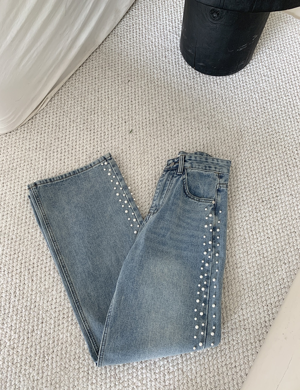 Washed niche high waist spring retro mopping beading jeans