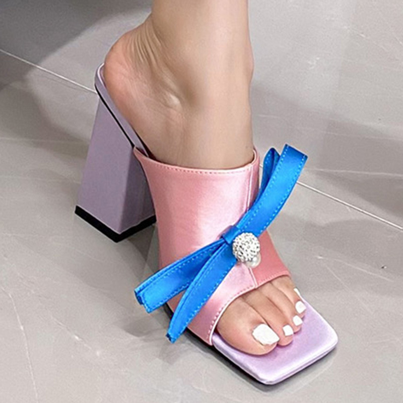 Niche high-heeled sweet fashion rhinestone bow slippers