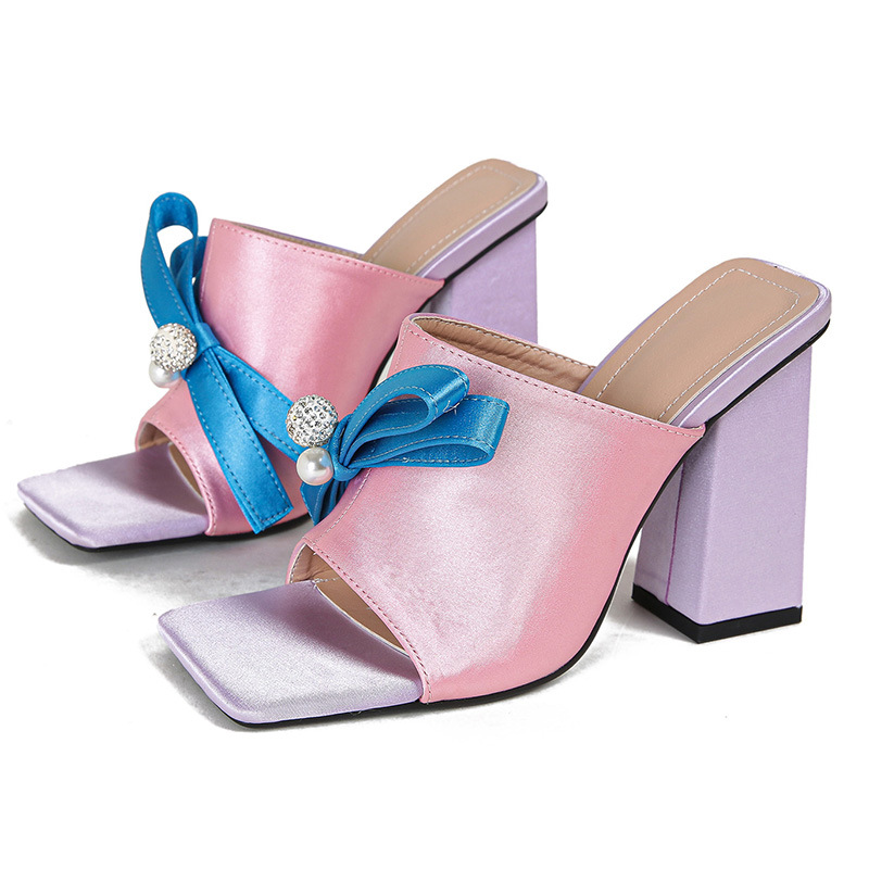 Niche high-heeled sweet fashion rhinestone bow slippers