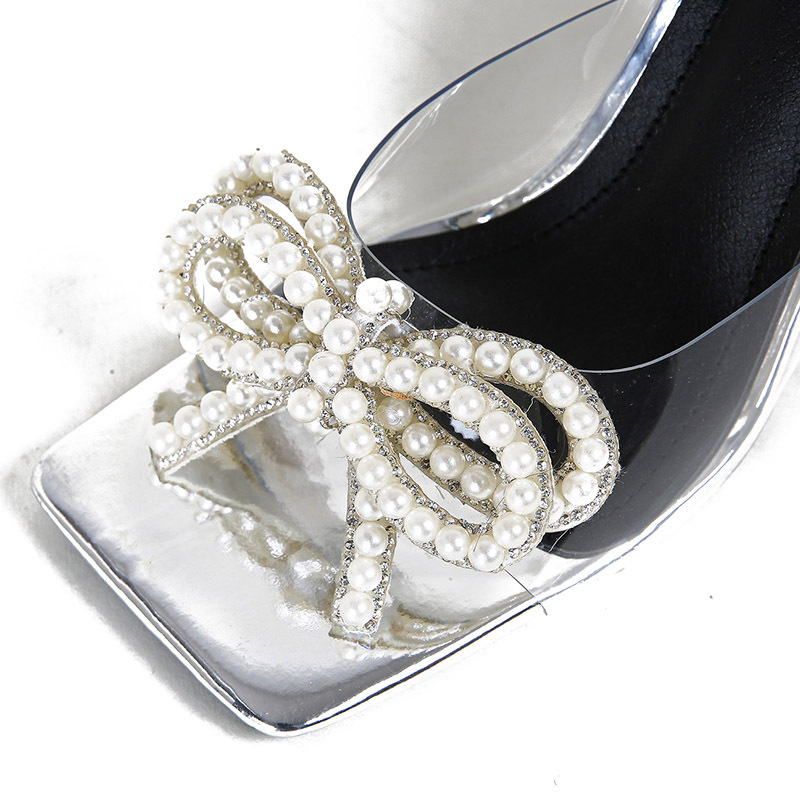 Open toe transparent slippers square head pearl sandals