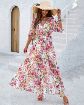 Pinched waist V-neck spring and summer printing dress