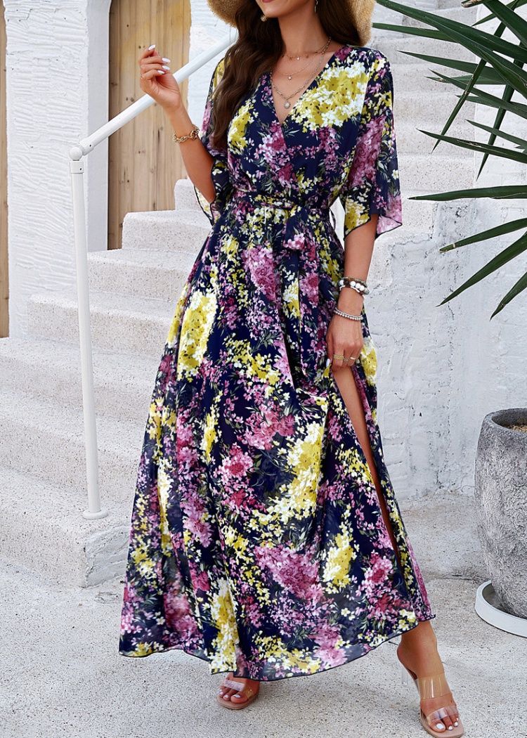 Pinched waist V-neck spring and summer printing dress