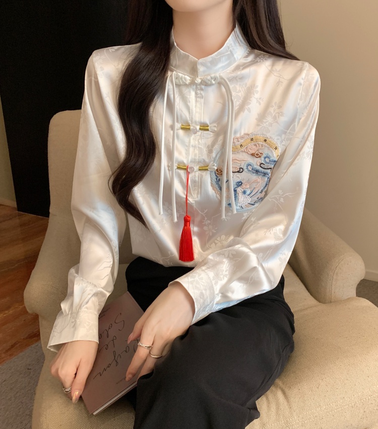 Chiffon pendant satin tops spring Chinese style shirt