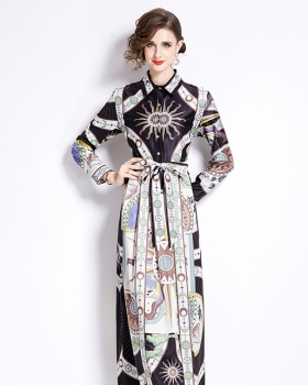 European style all-match pinched waist printing dress