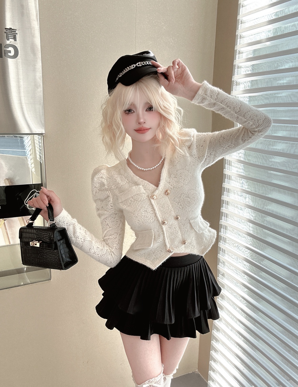 Lace chanelstyle skirt puff sleeve France style tops 2pcs set