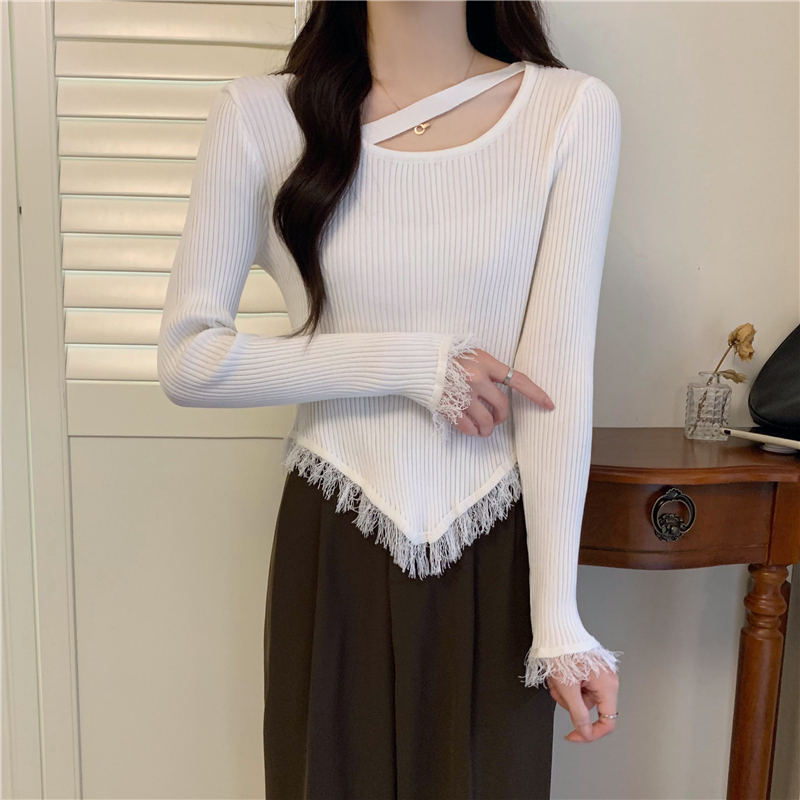 Long sleeve slim clavicle irregular tassels sweater