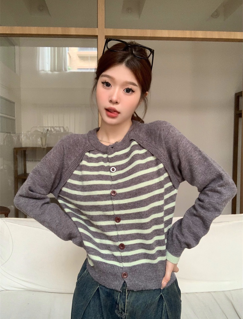 All-match mixed colors sweater stripe cardigan for women