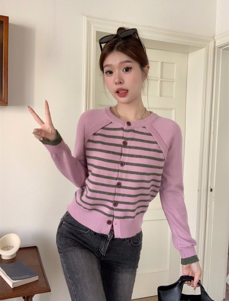 All-match mixed colors sweater stripe cardigan for women