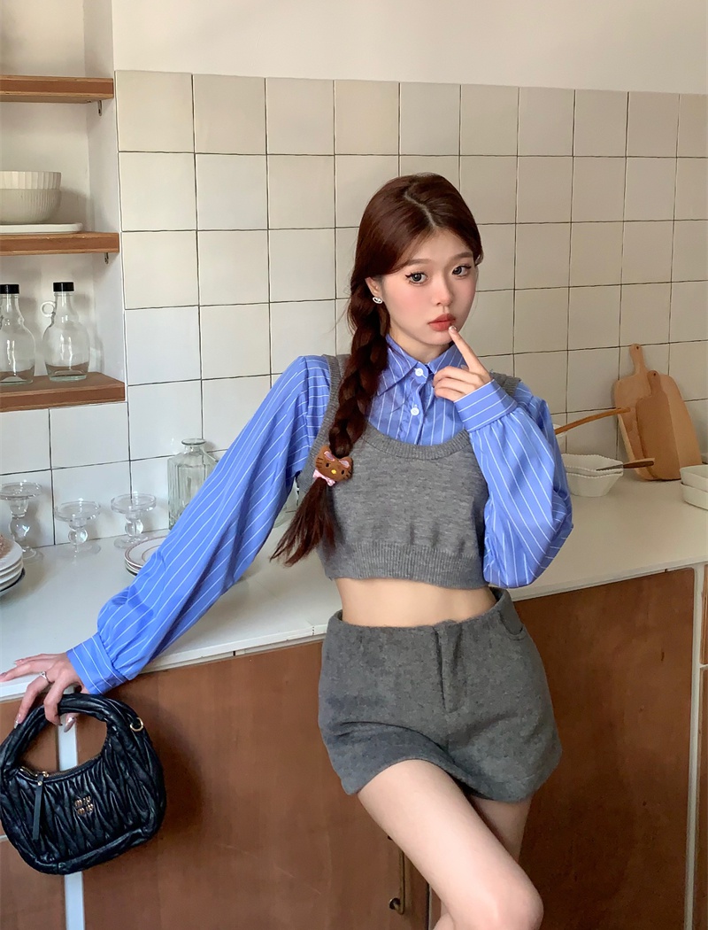 Pseudo-two spicegirl tops Korean style short shirt
