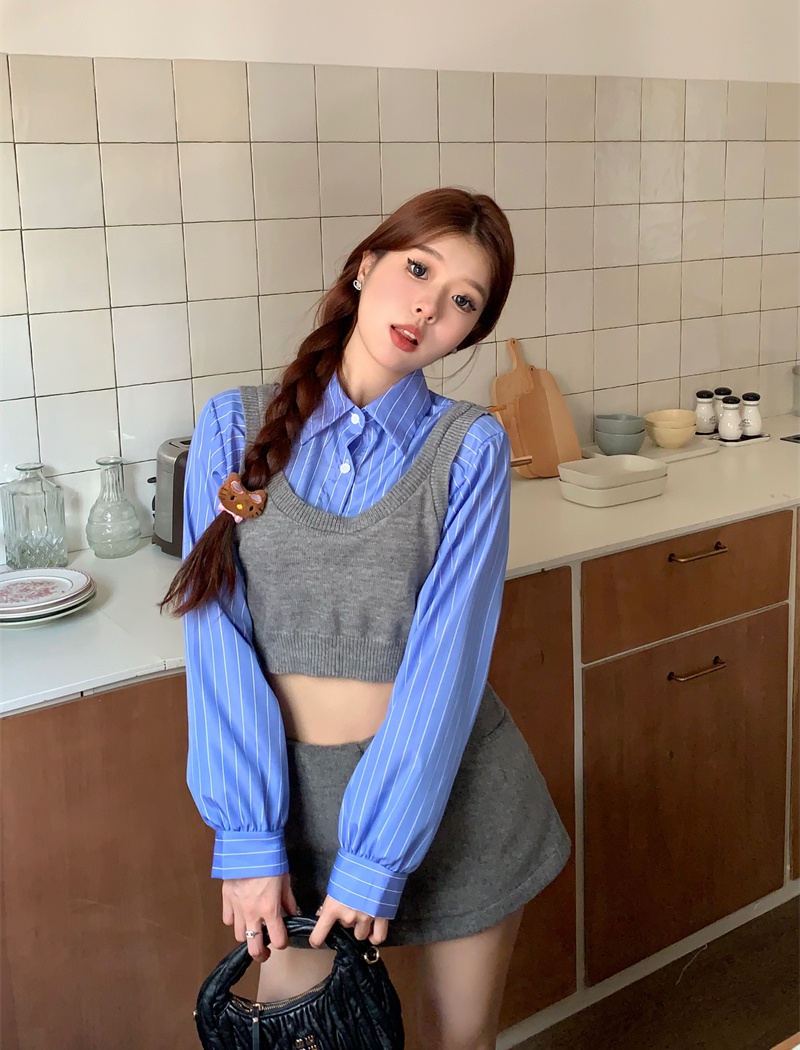 Pseudo-two spicegirl tops Korean style short shirt