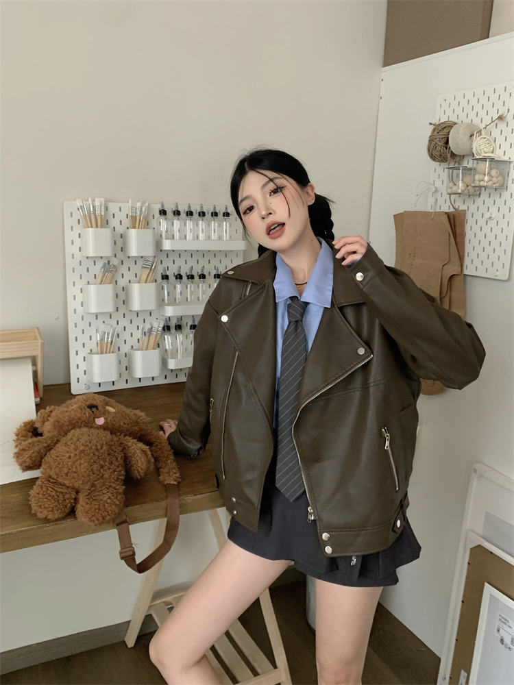 Loose all-match lapel cardigan student Korean style PU jacket