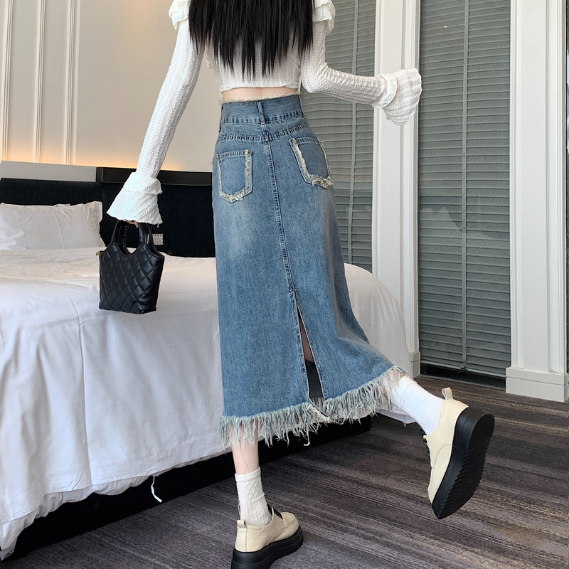 Washed large yard high waist denim sexy long skirt for women