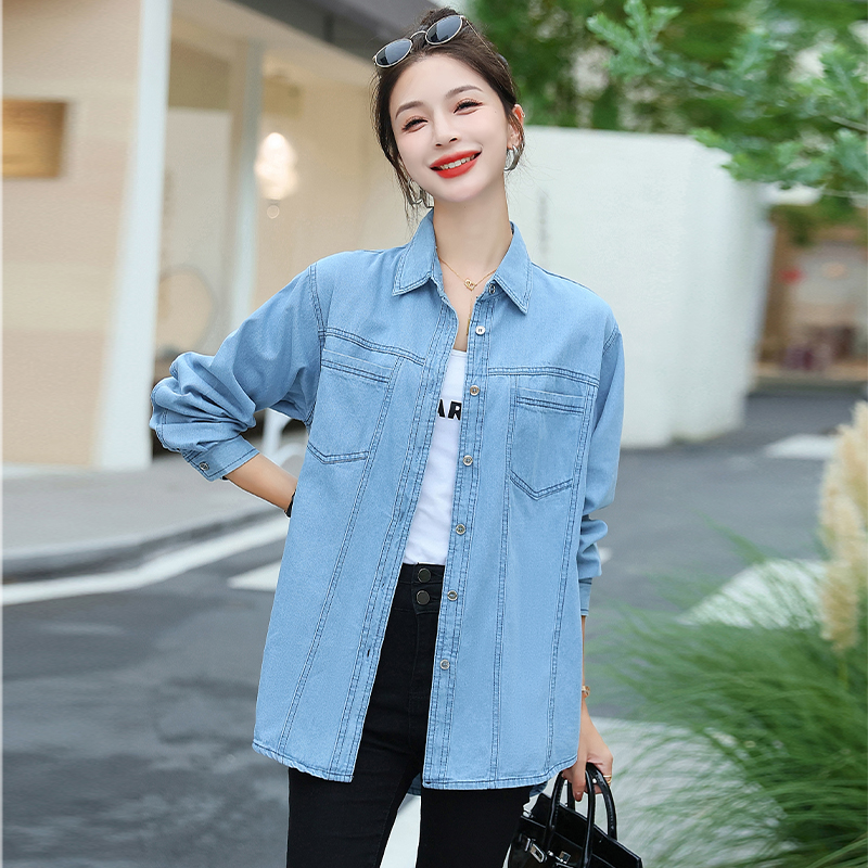 Washed denim spring and autumn niche loose shirt for women