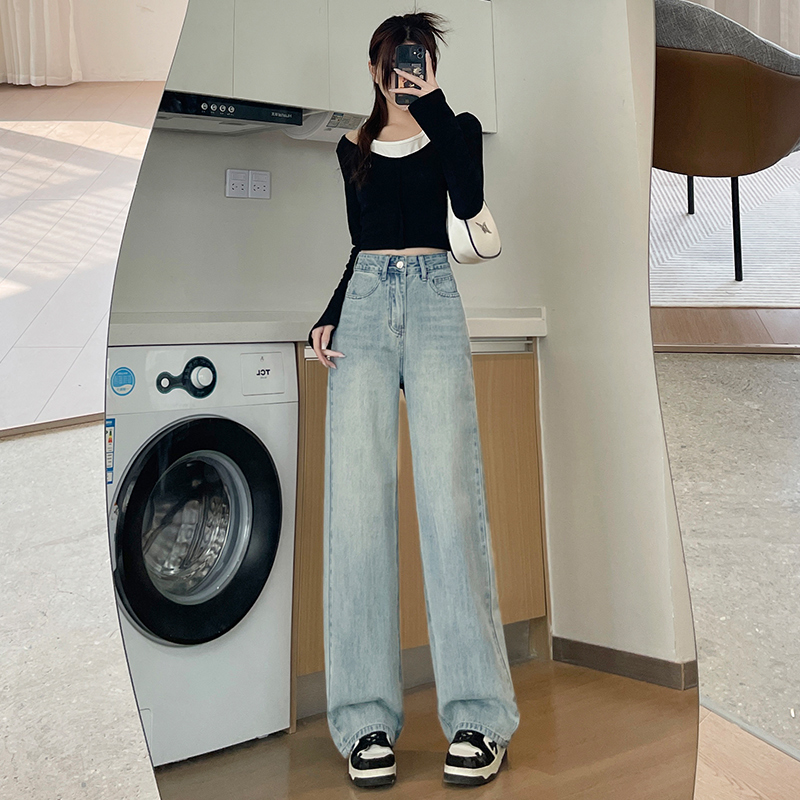 Straight spring and summer wide leg pants slim light color jeans