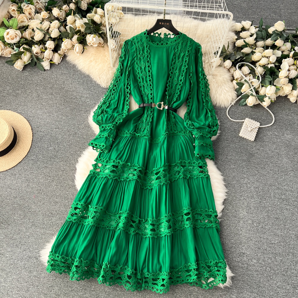 France style puff sleeve formal dress hollow lace dress for women