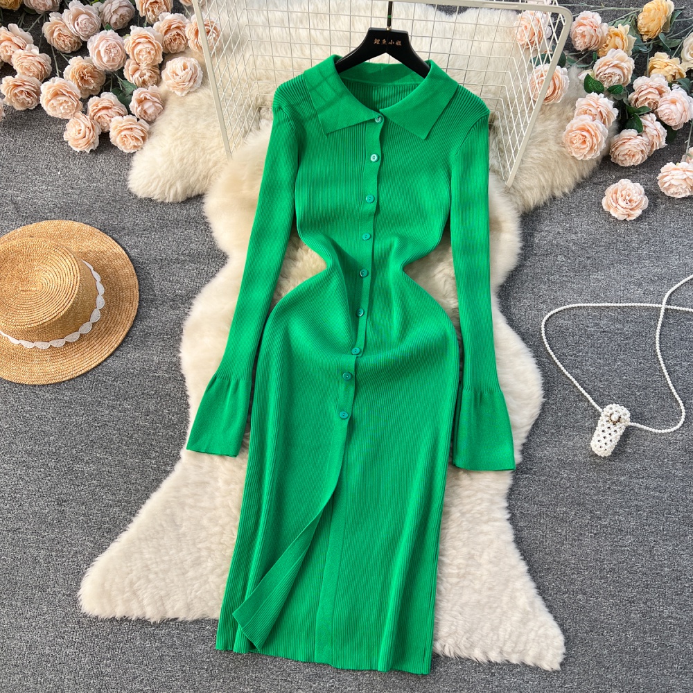 Lapel knitted exceed knee temperament spring dress for women