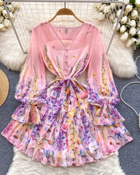 Breasted puff sleeve spring temperament dress