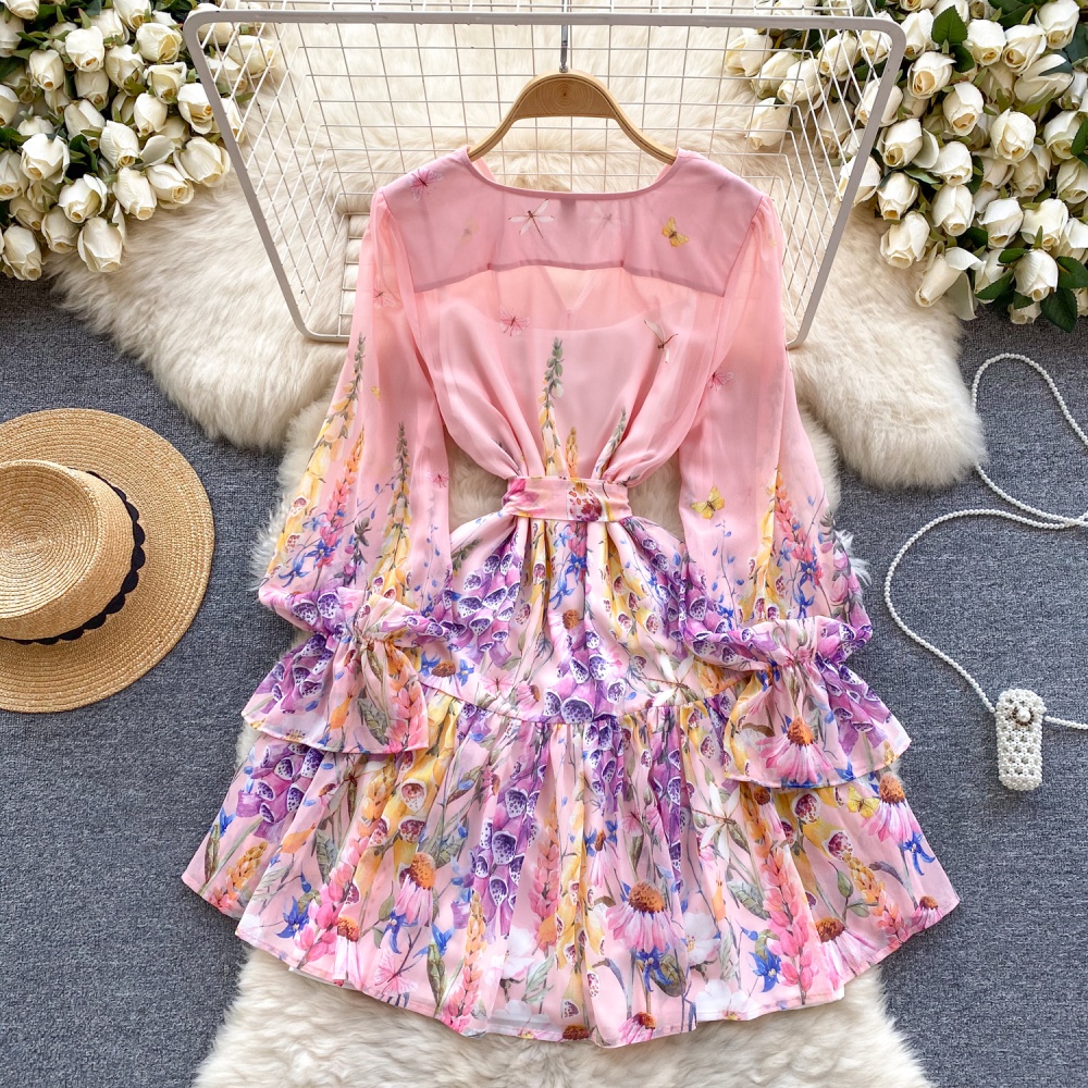 Breasted puff sleeve spring temperament dress