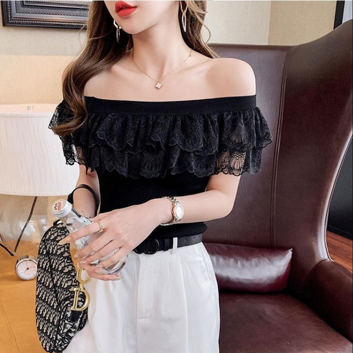 Sexy clavicle lace tops ice silk slim sweater for women