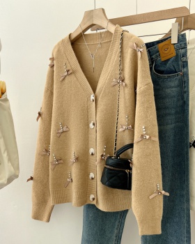 Bow all-match knitted coat loose inside the ride cardigan