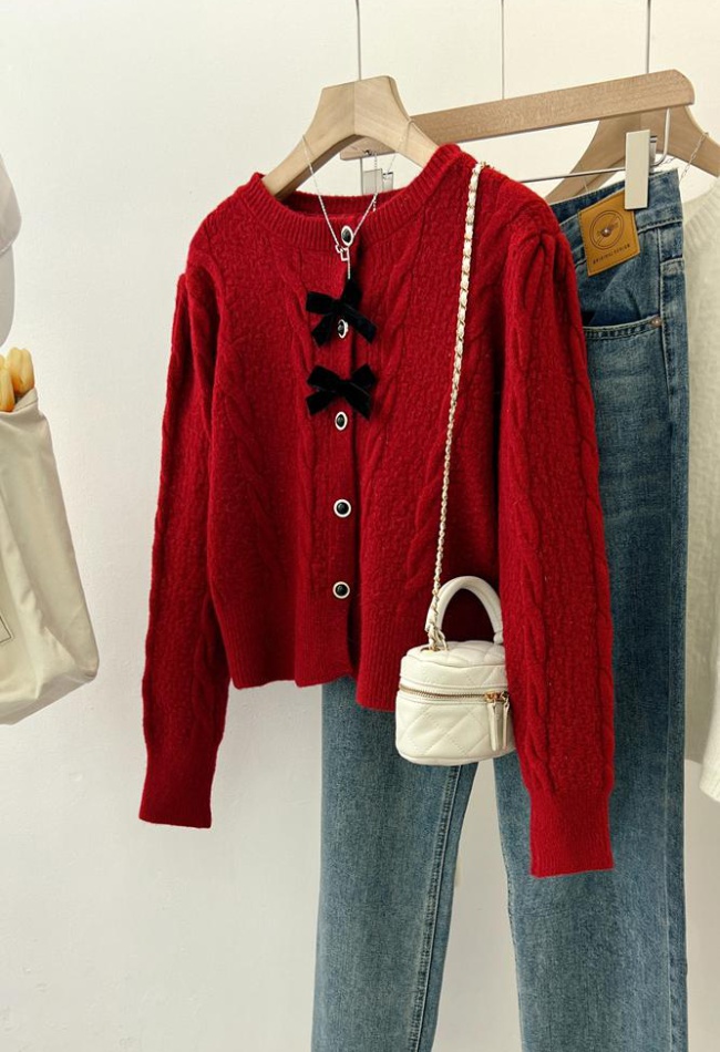 Red liangsi bow sweater loose twist spring cardigan
