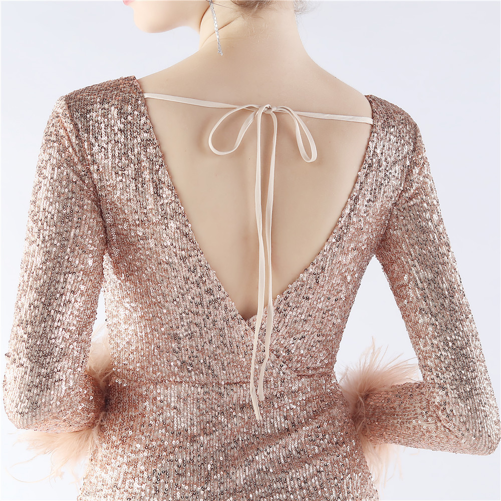Long sleeve sequins formal dress short ostrich hair dress