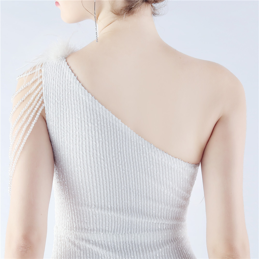 Oblique collar sequins shoulder long evening dress
