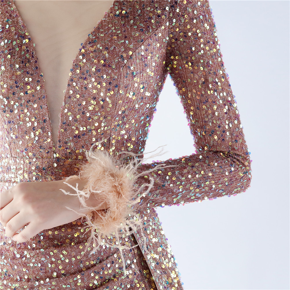 Long sleeve ostrich hair sequins evening dress