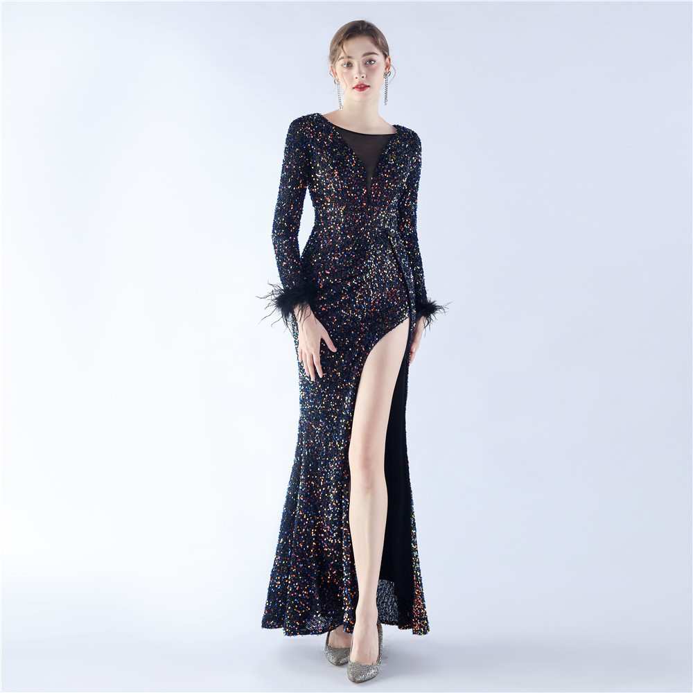 Long sleeve ostrich hair sequins evening dress