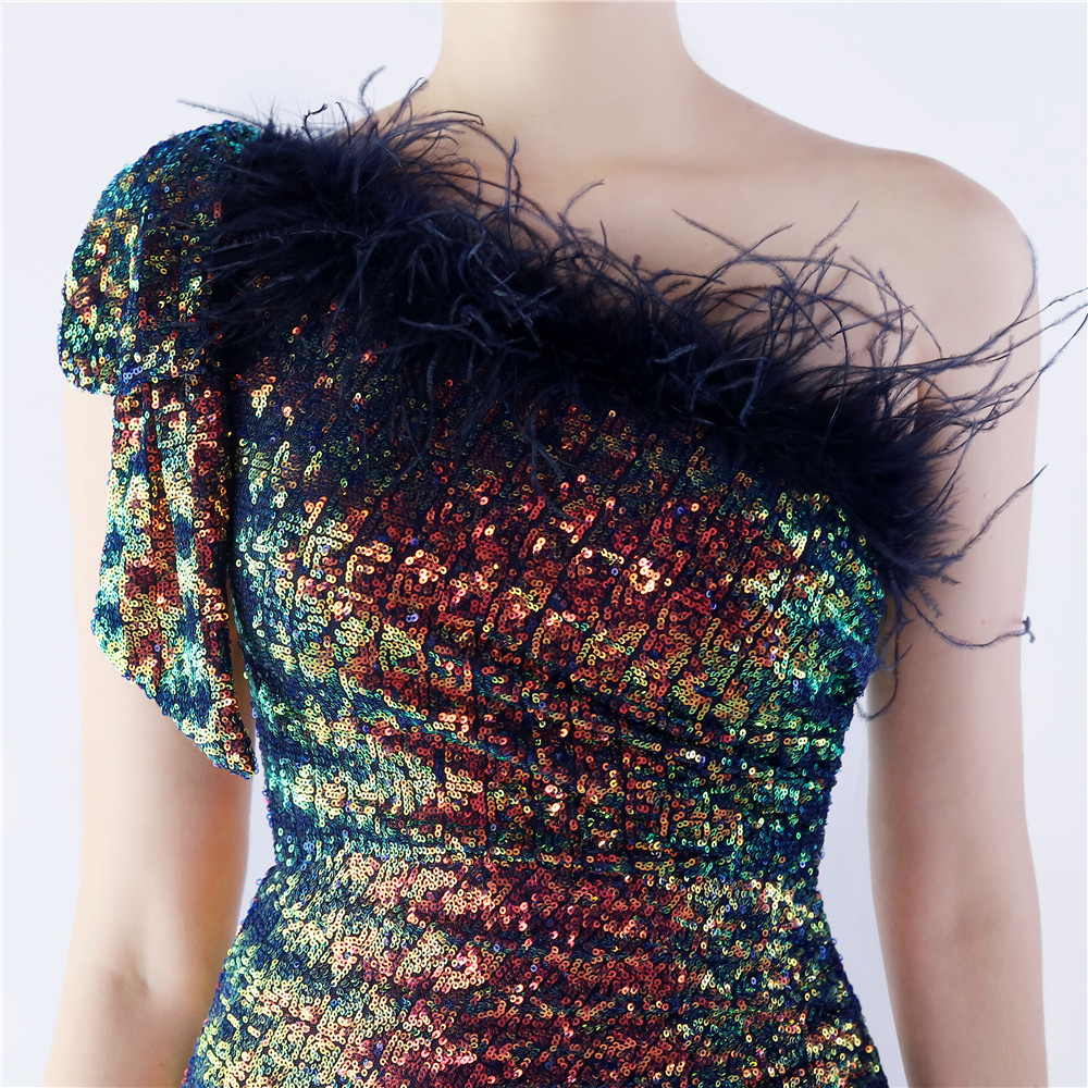 Shoulder ostrich hair sequins evening dress