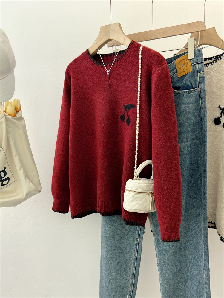 Lazy cherry loose pullover all-match wool sweet sweater for women