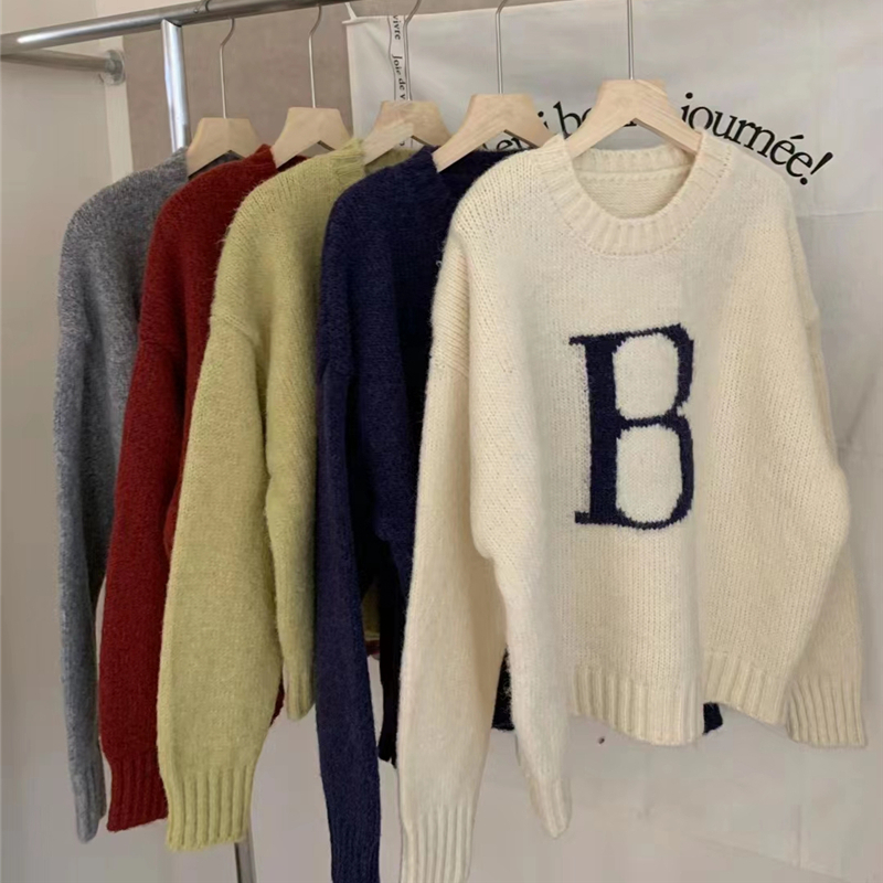 Thermal Korean style spring tops loose lazy letters sweater