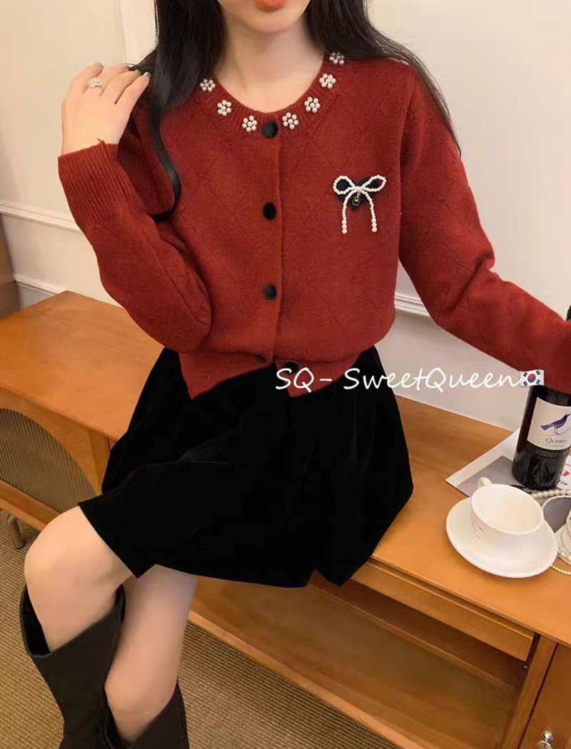 Spring beading knitted cardigan sweet bow sweater