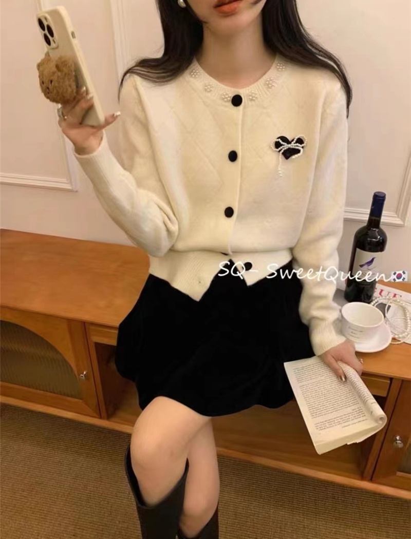Spring beading knitted cardigan sweet bow sweater