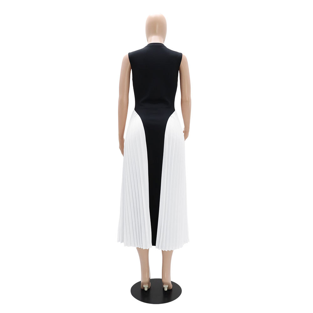 Pleated pinched waist sleeveless dress splice dress