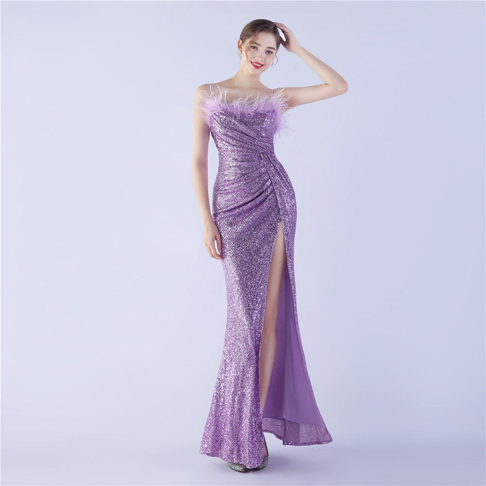 Sling wrapped chest ostrich hair sequins split evening dress