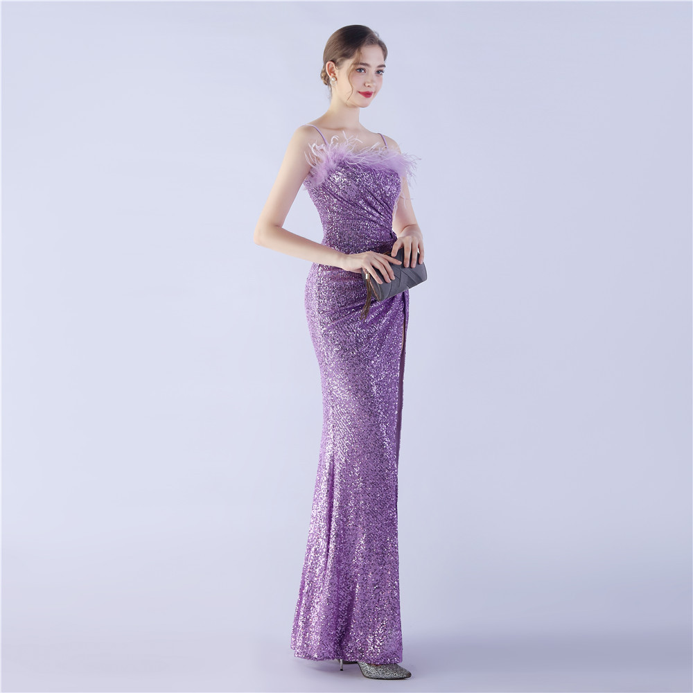 Sling wrapped chest ostrich hair sequins split evening dress